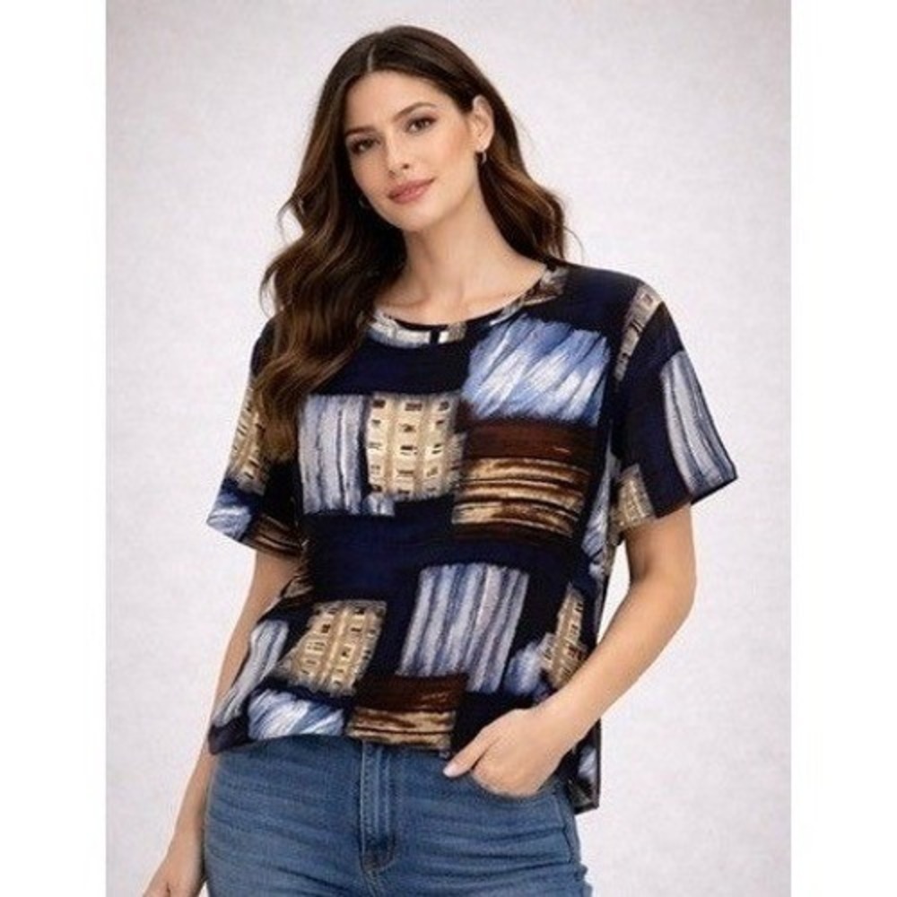 Sage Harbor Abstract Print Blue Brown Beige‎ Short Sleeve Top Women's Large